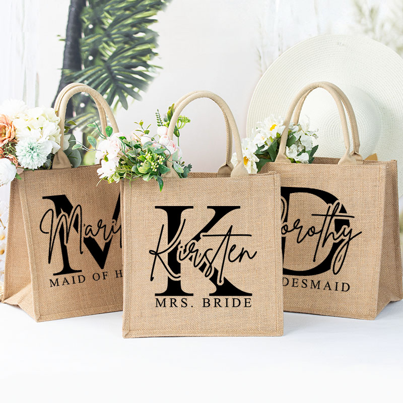 Personalized Minimalist Bridesmaid Burlap Tote Bag Custom Bride Initials Jute Tote Bag Wedding Beach Bag Bachelorette Party Favors Bridal Shower Gift