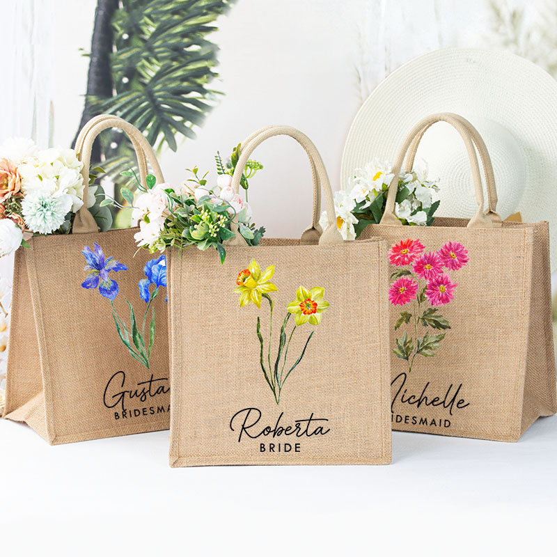Personalized Bridesmaid Birth Flower Burlap Tote Bag Custom Bride Month Flower Beach Bag Wedding Jute Tote Bag Bachelorette Party Bridal Shower Gift
