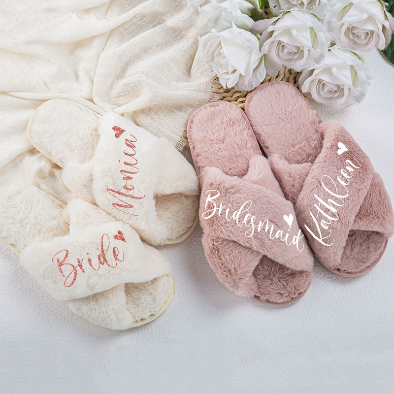 Personalized Bridesmaid Fluffy Slippers Custom Bride Name and Heart Slipper Maid of Honor Slippers Bridal Shower Gift Bachelorette Party Gift for Her