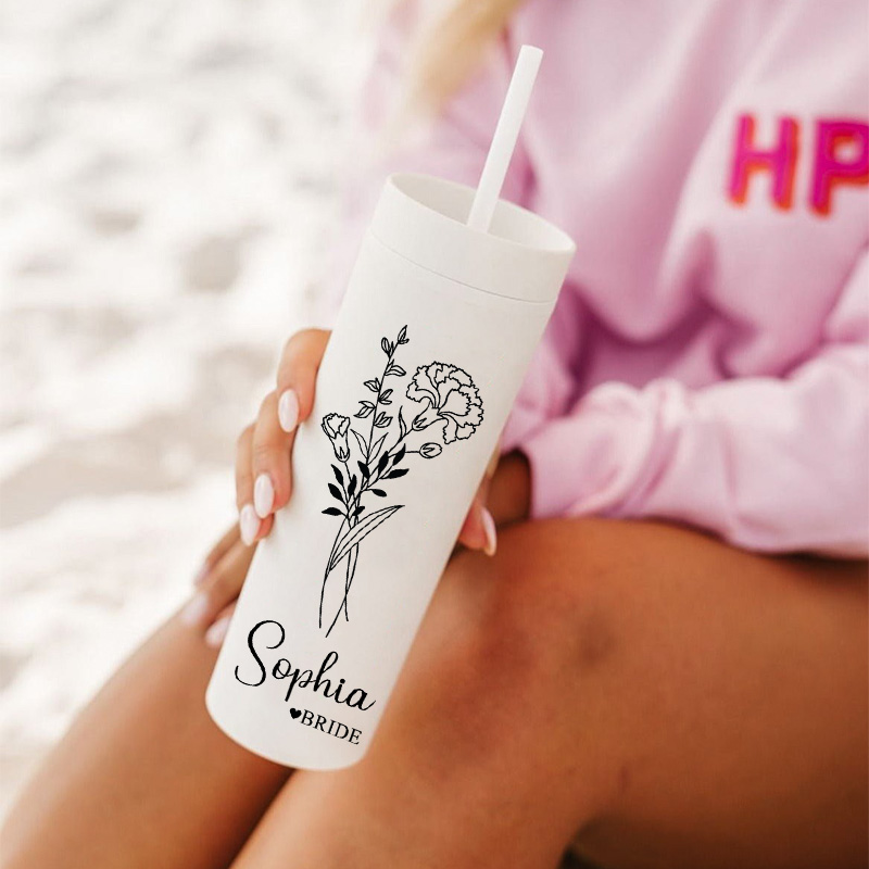 Personalized Bridesmaid Birth Flower 16oz Skinny Tumbler Custom Bride Month Flower Wedding Tumbler Maid of Honor Bachelorette Party Bridal Shower Gift