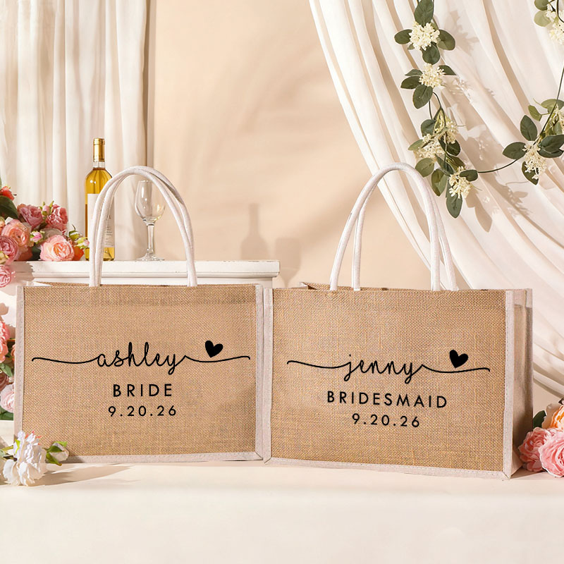 Personalized Bridesmaid Burlap Tote Bag Custom Bride Name with Heart Tote Bag Wedding Date Jute Beach Bag Bridal Shower Gift Bachelorette Party Gift