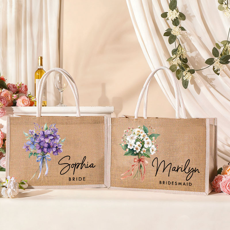 Personalized Bridesmaid Birth Flower Burlap Tote Bag Bride Elegant Month Flower Tote Bag Wedding Jute Beach Bag Bridal Shower Bachelorette Party Gift