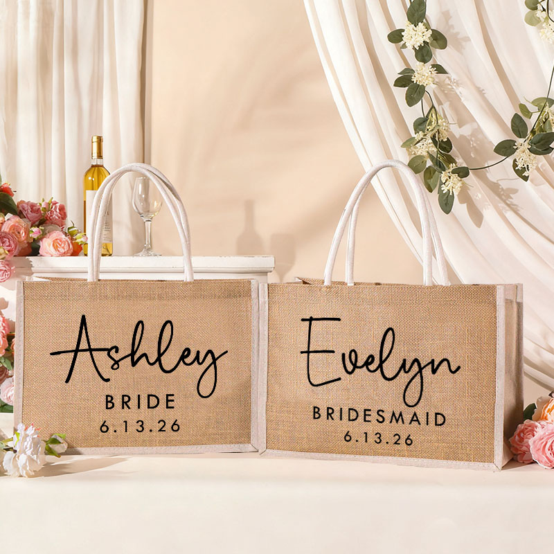 Personalized Bridesmaid Name Burlap Tote Bag Bride Tote Bag Wedding Date Jute Beach Bag Bridal Shower Gift Bachelorette Party Gift