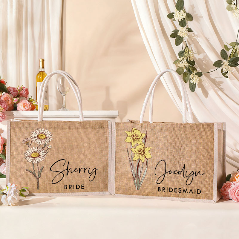 Personalized Bridesmaid Birth Flower Burlap Tote Bag Custom Bride Month Flower Tote Bag Wedding Jute Beach Bag Bachelorette Party Bridal Shower Gift