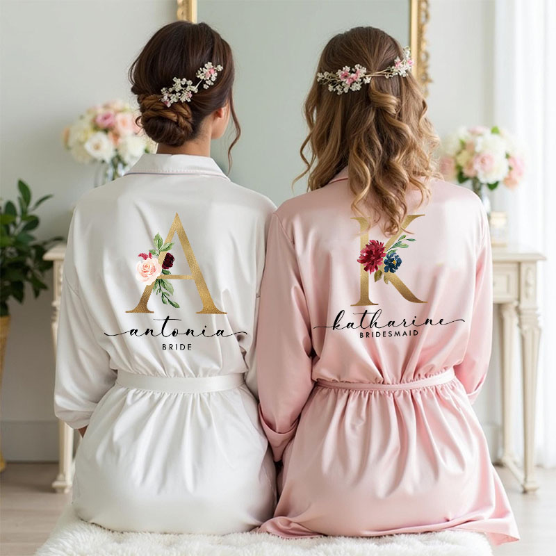 Personalized Bridesmaid Floral Gold Initials Robes Custom Bride Wedding Dressing Gown Maid of Honor Bachelorette Party Favors Bridal Shower Gift