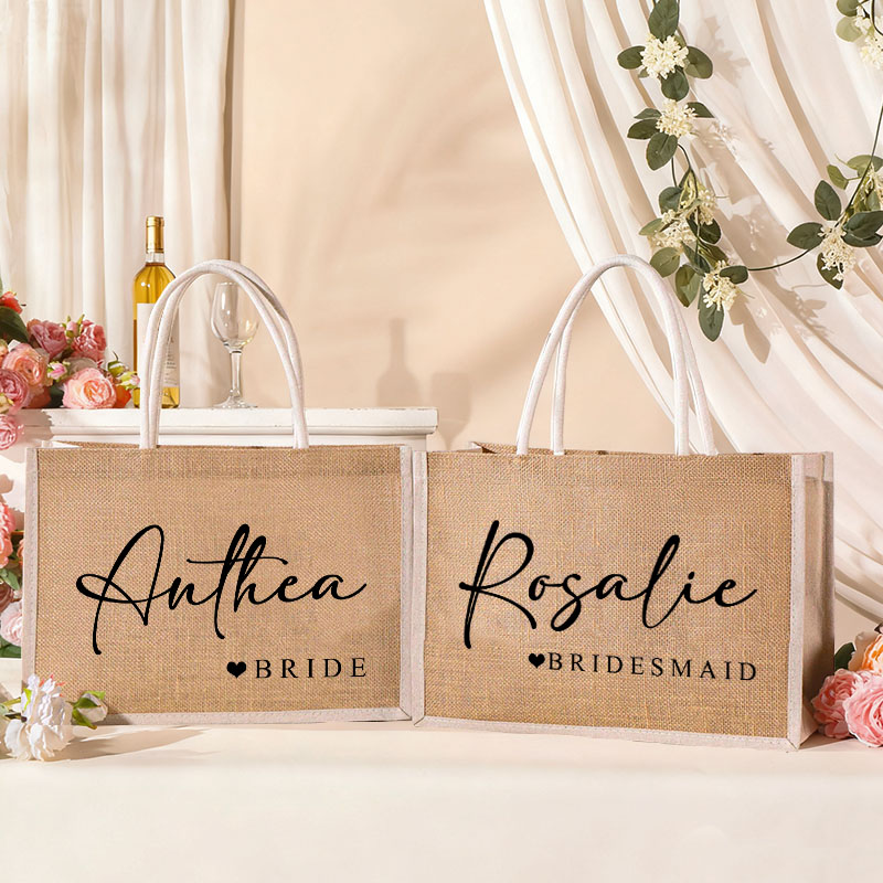 Personalized Bridesmaid Burlap Tote Bag with White Side Bride Title with heart Tote Bag Wedding Jute Beach Bag Bridal Shower Bachelorette Party Gift
