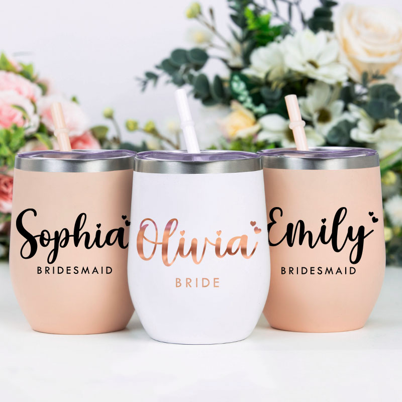 Personalized Bridesmaid Stylish Name with Heart Wine Tumbler Custom Bride Wine Tumbler Maid of Honor Bachelorette Party Favors Bridal Shower Gift