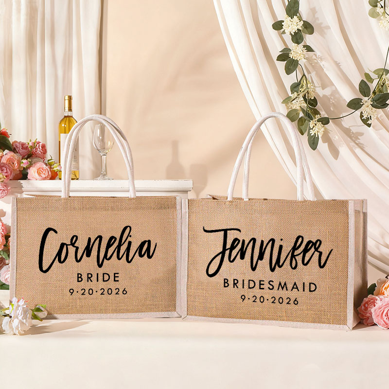 Personalized Bridesmaid Boho Burlap Tote Bag Custom Bride Tote Bag with White Side Wedding Date Jute Beach Bag Bridal Shower Bachelorette Party Gift