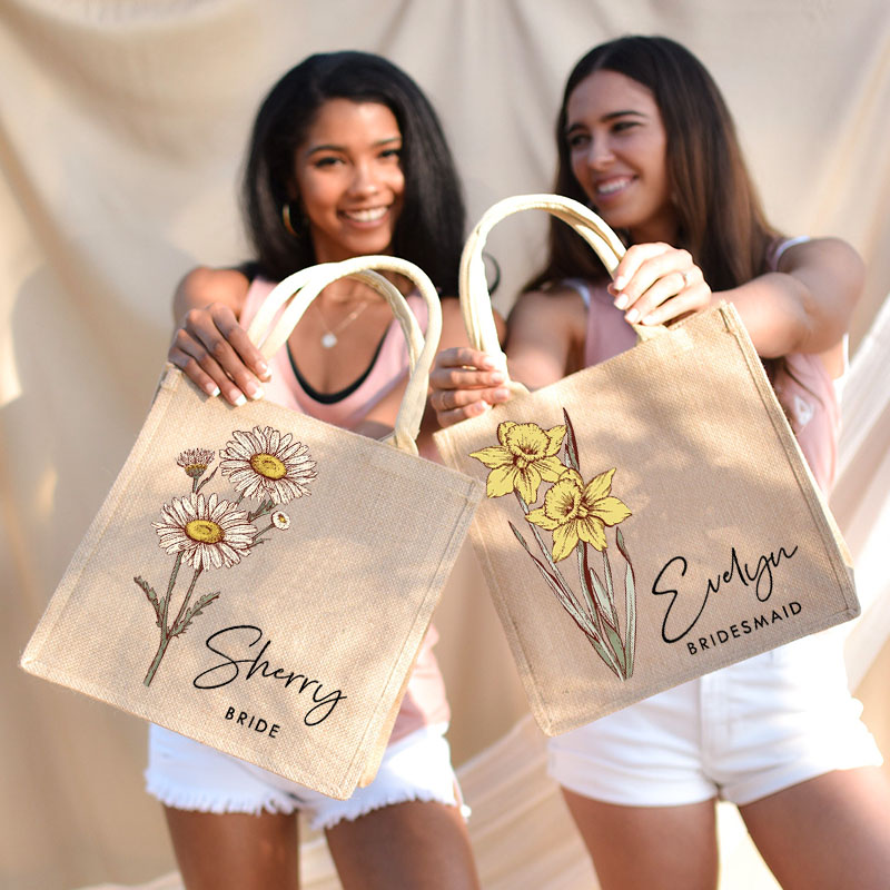 Personalized Bridesmaid Birth Flower Burlap Tote Bag Custom Bride Month Flower Wedding Beach Jute Tote Bag Bachelorette Party Favor Bridal Shower Gift