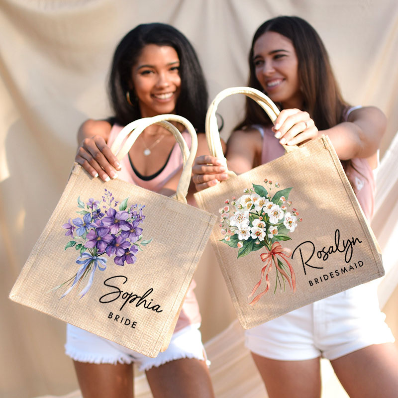 Personalized Bridesmaid Elegant Birth Flower Burlap Tote Bag Bride Month Flower Wedding Beach Jute Tote Bag Bachelorette Party Bridal Shower Gift