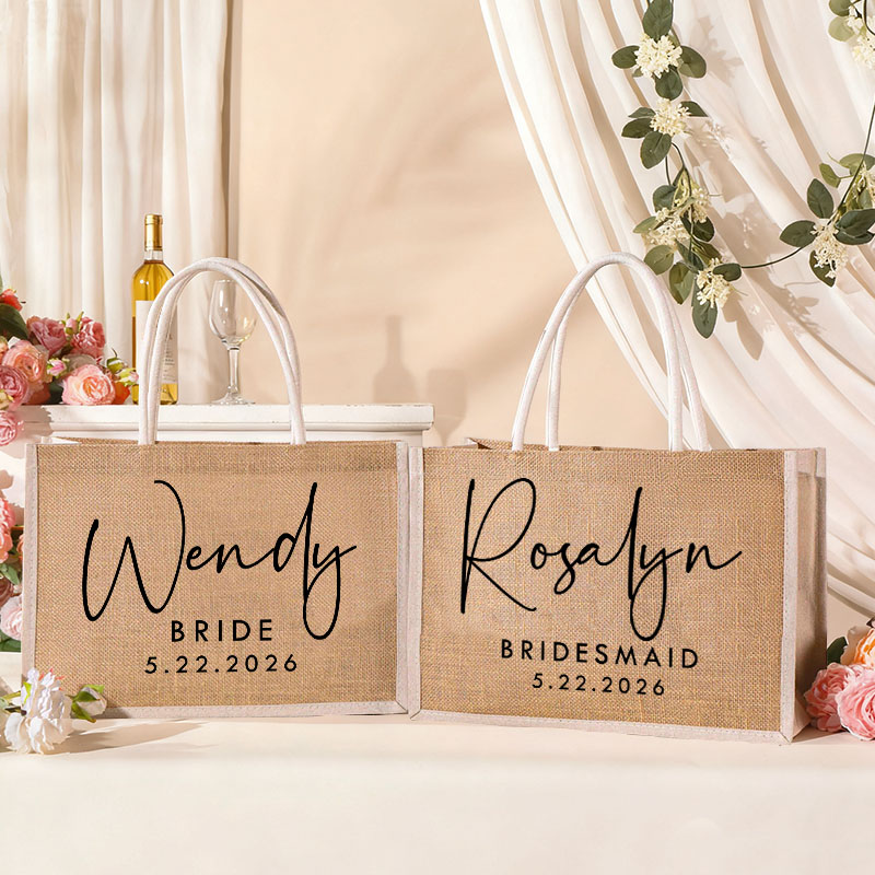 Personalized Bridesmaid Burlap Tote Bag Custom Bride Name Tote Bag with White Side Wedding Date Jute Beach Bag Bridal Shower Bachelorette Party Gift