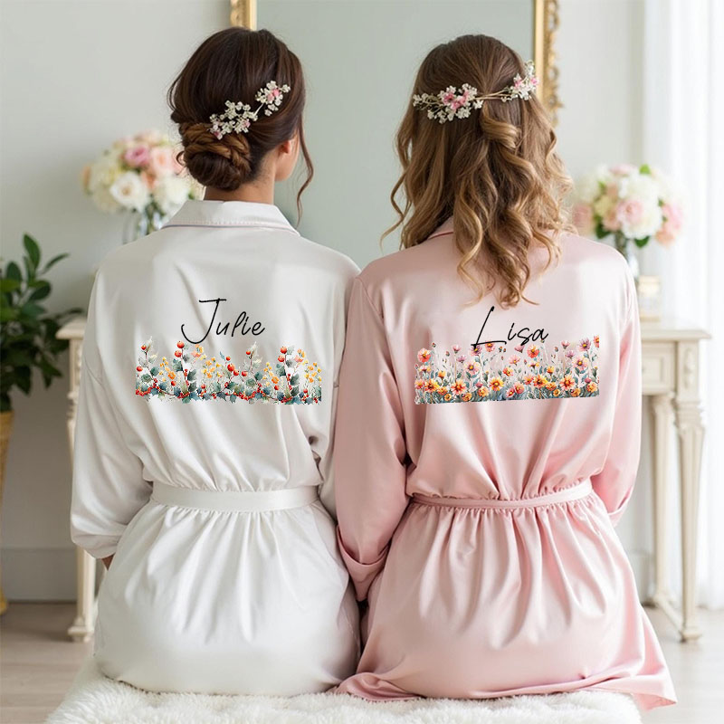 Personalized Birth Flower Satin Lace Trim Robe with Name and Date Bachelorette Party Bridesmaid Wedding Gift for Her