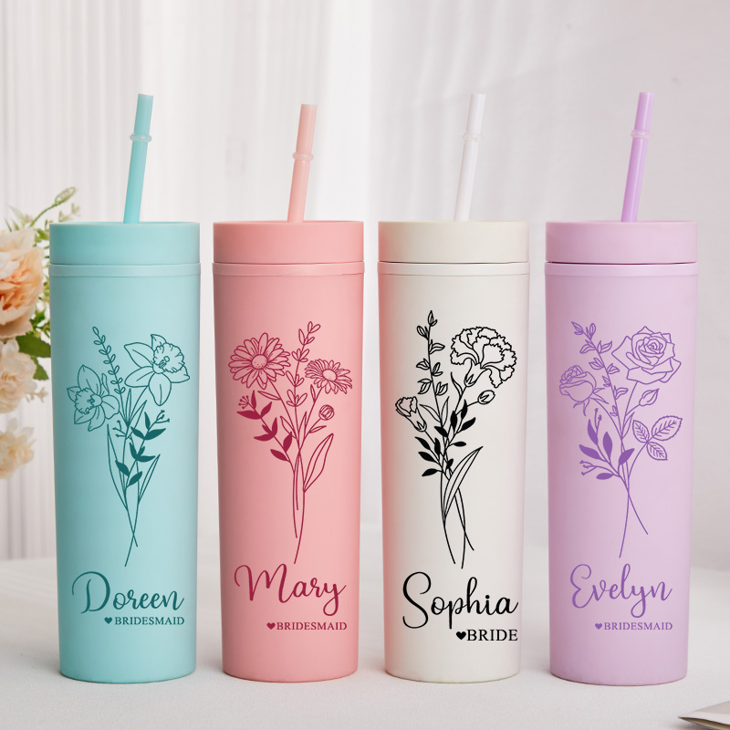 Personalized Bridesmaid Birth Flower 16oz Skinny Tumbler Custom Bride Month Flower Wedding Tumbler Maid of Honor Bachelorette Party Bridal Shower Gift