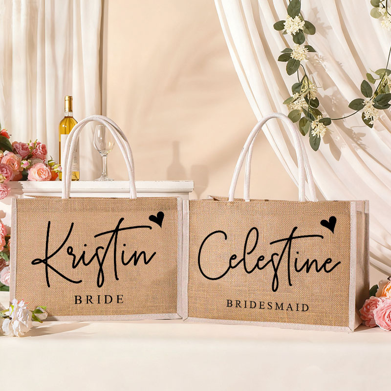 Personalized Bridesmaid Burlap Tote Bag Custom Bride Name with Heart Tote Bag Wedding Jute Beach Bag Bridal Shower Gift Bachelorette Party Favors