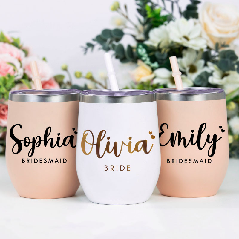 Personalized Bridesmaid Stylish Name with Heart Wine Tumbler Custom Bride Wine Tumbler Maid of Honor Bachelorette Party Favors Bridal Shower Gift