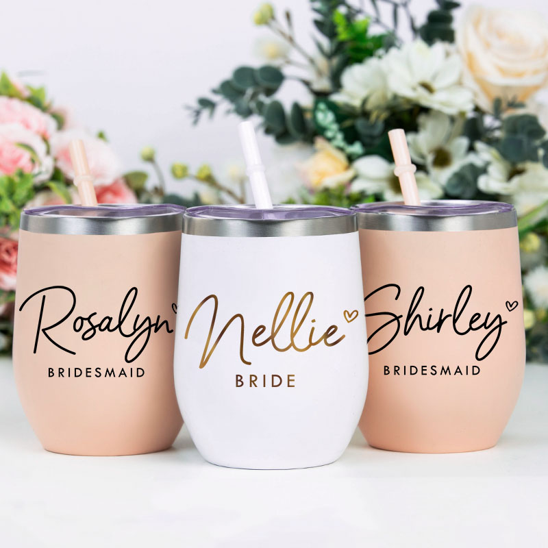 Personalized Bridesmaid Minimalist Wine Tumbler Custom Bride Name with Heart Wine Tumbler Maid of Honor Bachelorette Party Favors Bridal Shower Gift