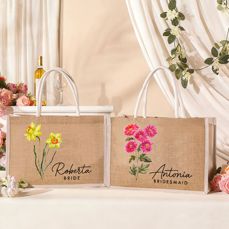 Personalized Bridesmaid Birth Flower Burlap Tote Bag with White Side Custom Bride Tote Bag Wedding Jute Beach Bag Bridal Shower Bachelorette Party Bag