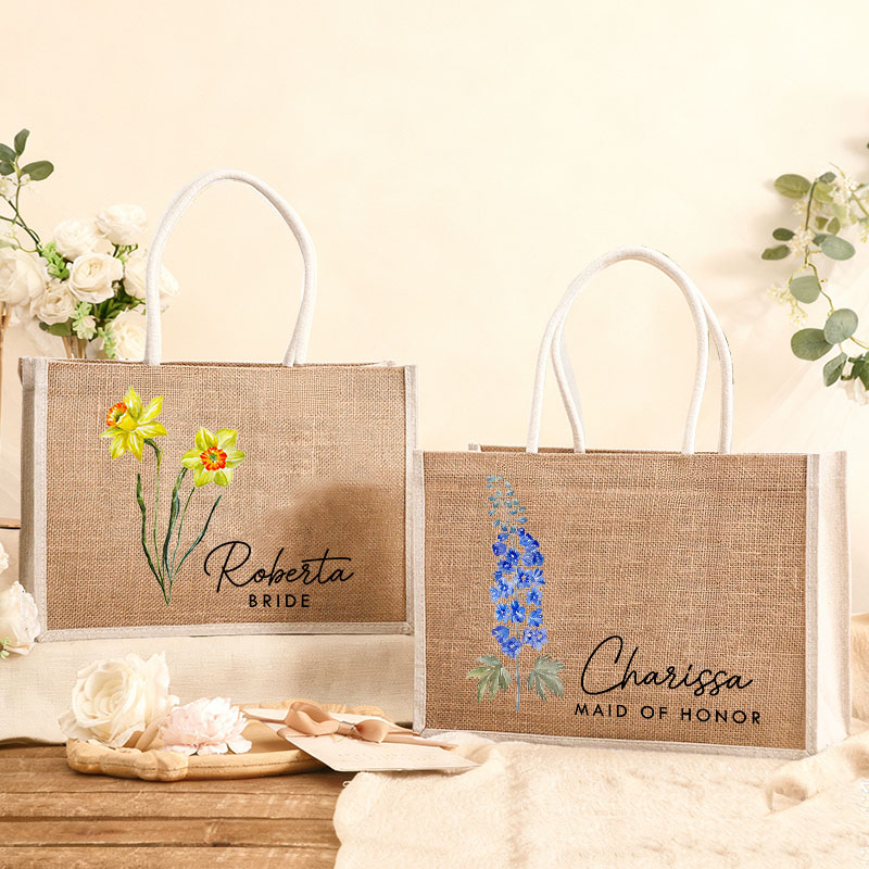 Personalized Bridesmaid Birth Flower Burlap Tote Bag with White Side Custom Bride Tote Bag Wedding Jute Beach Bag Bridal Shower Bachelorette Party Bag