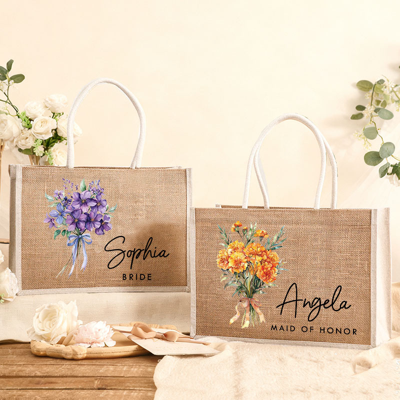 Personalized Bridesmaid Birth Flower Burlap Tote Bag Bride Elegant Month Flower Tote Bag Wedding Jute Beach Bag Bridal Shower Bachelorette Party Gift