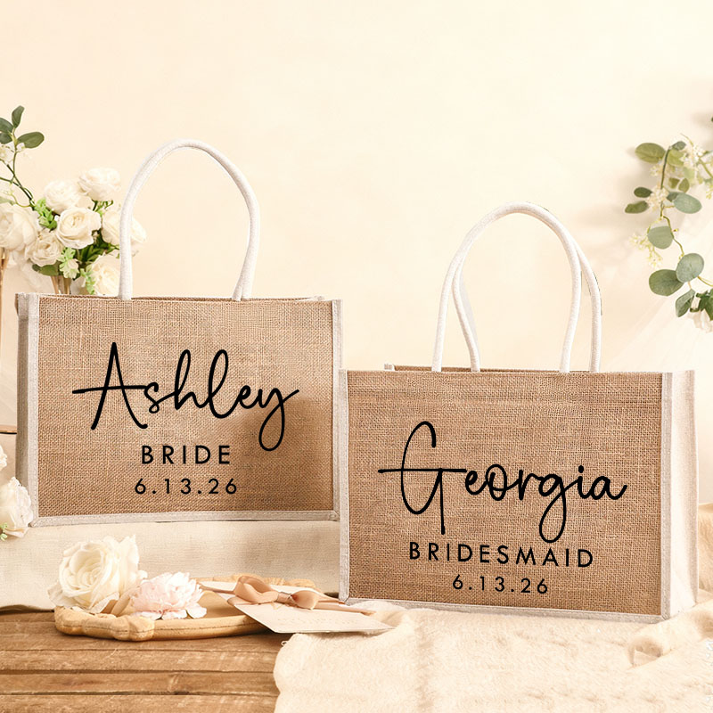 Personalized Bridesmaid Name Burlap Tote Bag Bride Tote Bag Wedding Date Jute Beach Bag Bridal Shower Gift Bachelorette Party Gift