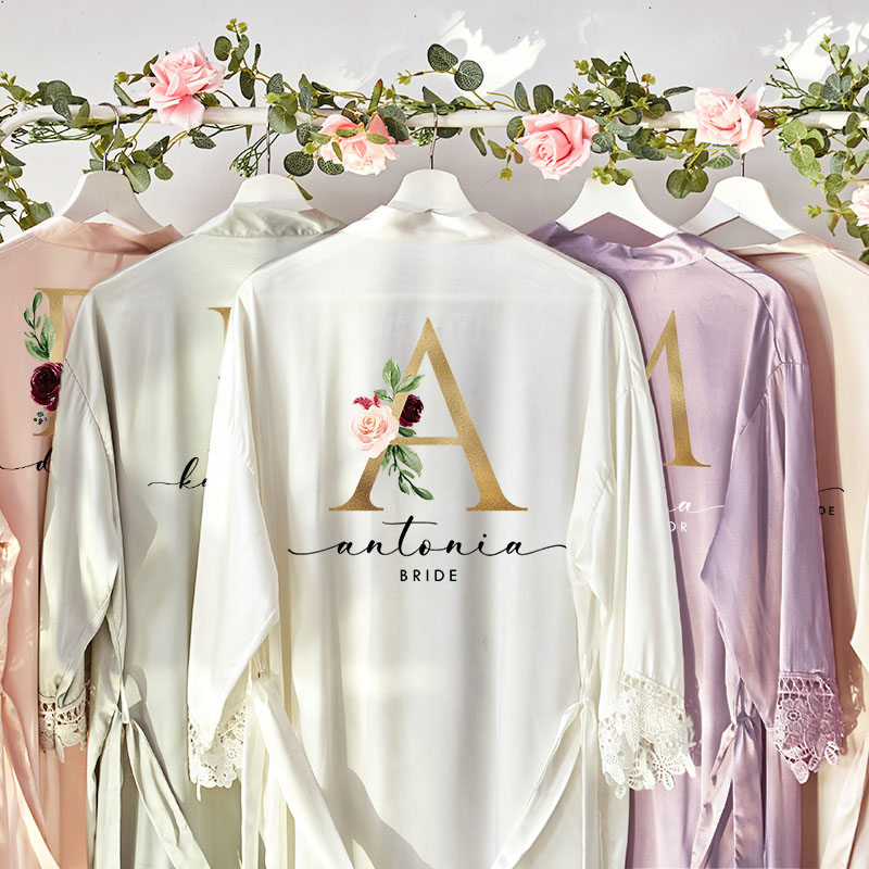 Personalized Bridesmaid Floral Gold Initials Robes Custom Bride Wedding Dressing Gown Maid of Honor Bachelorette Party Favors Bridal Shower Gift