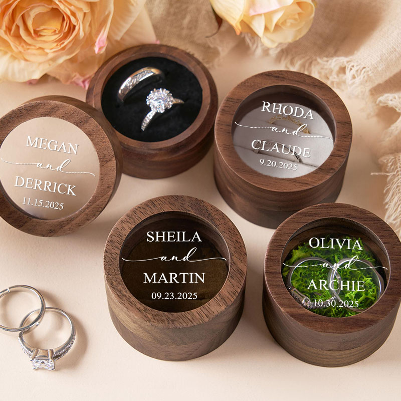 Personalized Couple Wedding Wooden Ring Box Custom Newlywed Name Round Ring Box with Acrylic Cover Engagement Proposal Ring Box Husband Wife Ring Box