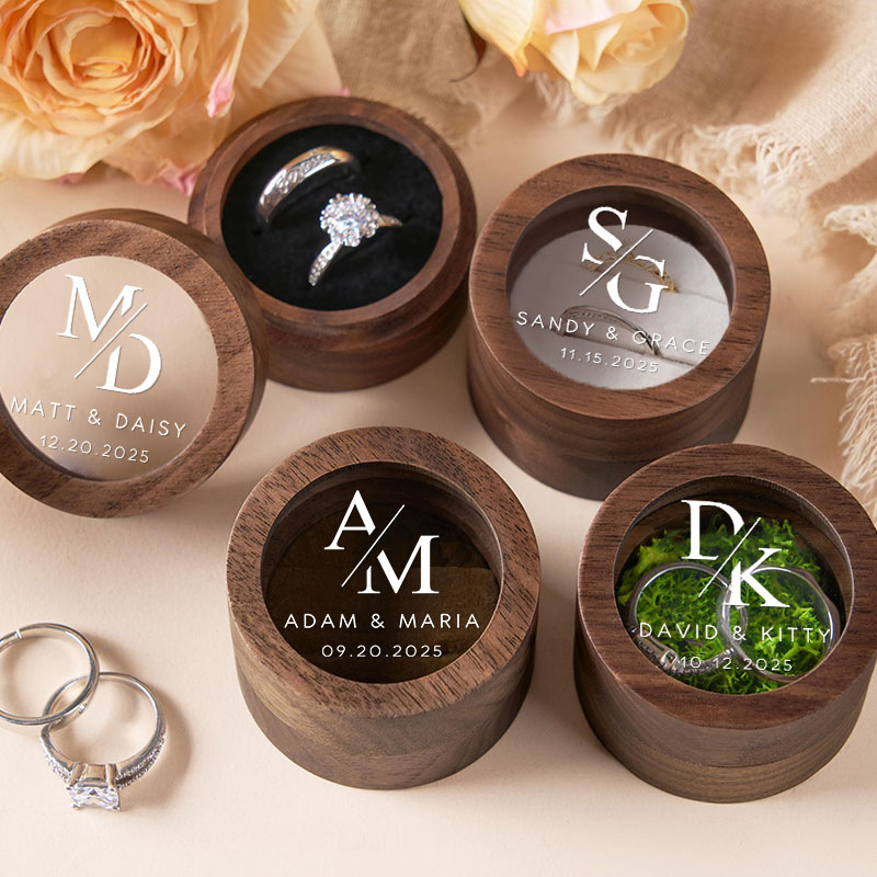Personalized Couple Sleek Initials Wedding Wooden Ring Box Custom Newlyweds Name Ring Box with Acrylic Cover Engagement Ring Box Husband Wife Gift