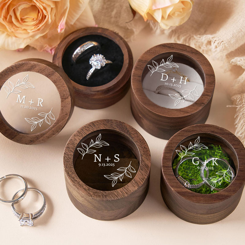 Personalized Couple Wedding Stylish Leaf Wreath Wooden Ring Box Newlyweds Initials Ring Box with Acrylic Cover Engagement Ring Box Husband Wife Gift