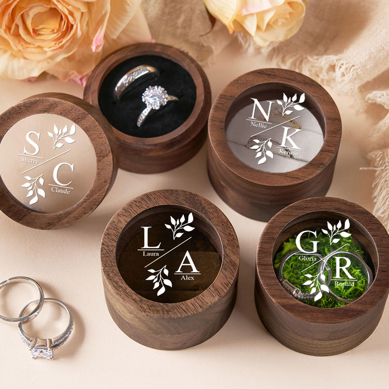 Personalized Couple Wedding Delicate Leaf Wood Ring Box Newlyweds Initials Name Ring Box with Acrylic Cover Engaged Ring Holder Husband Wife Gift