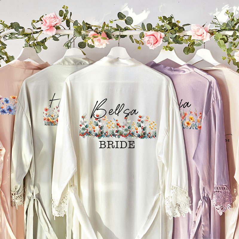 Personalized Birth Flower Satin Lace Trim Robe with Name and Date Bachelorette Party Bridesmaid Wedding Gift for Her