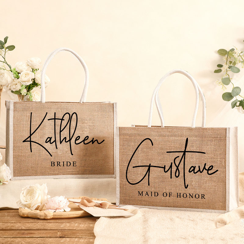 Personalized Bridesmaid Burlap Tote Bag Custom Bride Name Tote Bag with White Side Wedding Jute Beach Bag Bridal Shower Bachelorette Party Gift