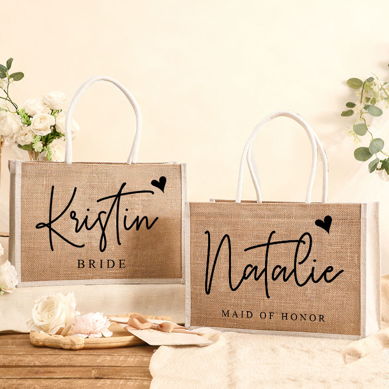 Personalized Bridesmaid Burlap Tote Bag Custom Bride Name with Heart Tote Bag Wedding Jute Beach Bag Bridal Shower Gift Bachelorette Party Favors