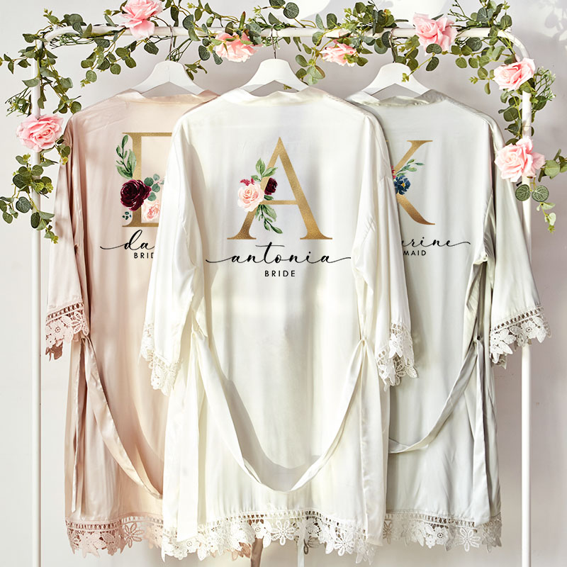 Personalized Bridesmaid Floral Gold Initials Robes Custom Bride Wedding Dressing Gown Maid of Honor Bachelorette Party Favors Bridal Shower Gift