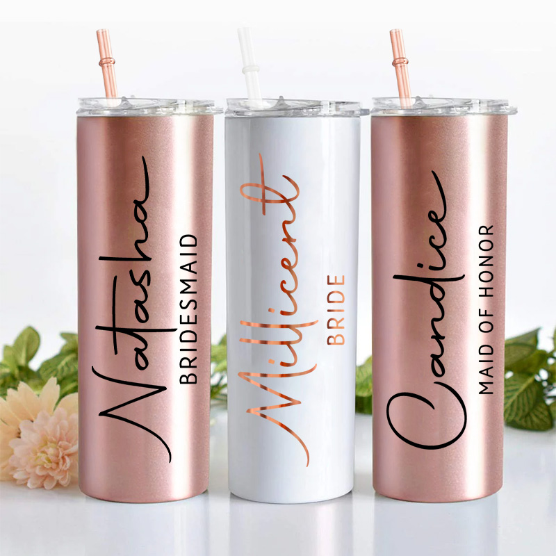 Personalized Bridesmaid 20oz Skinny Tumbler with Lid and Straw Wedding Bride Name with Heart Tumbler Maid of Honor Bachelorette Party Gift for Her