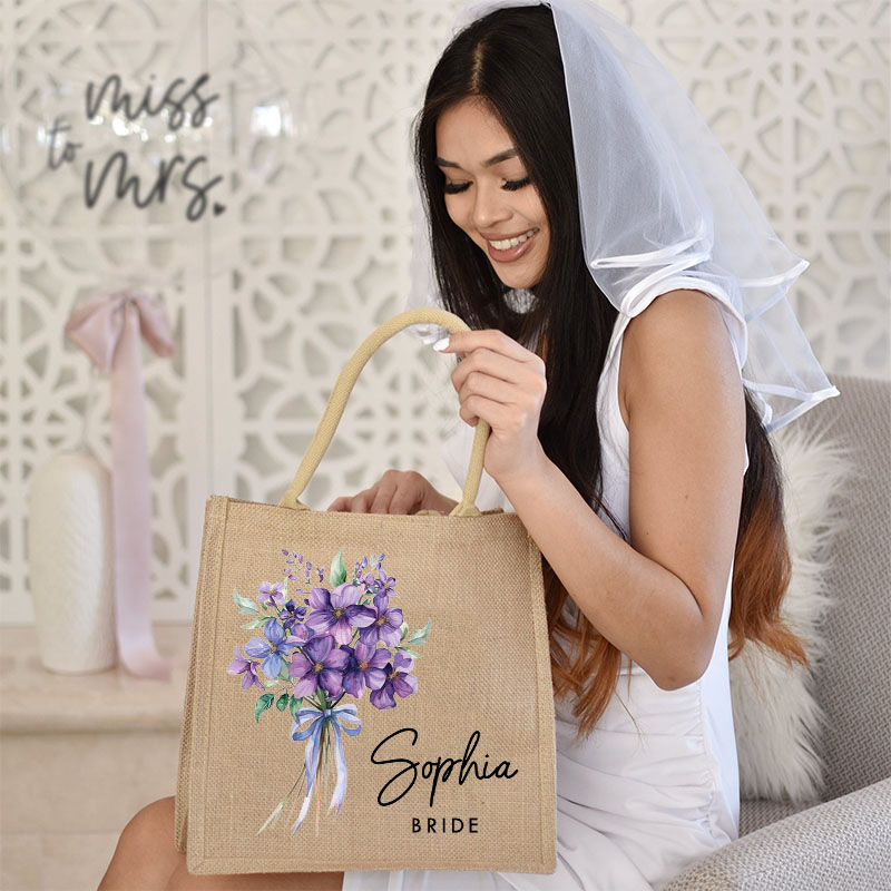 Personalized Bridesmaid Elegant Birth Flower Burlap Tote Bag Bride Month Flower Wedding Beach Jute Tote Bag Bachelorette Party Bridal Shower Gift