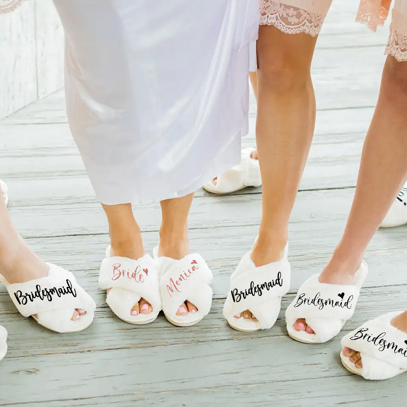 Personalized Bridesmaid Fluffy Slippers Custom Bride Name and Heart Slipper Maid of Honor Slippers Bridal Shower Gift Bachelorette Party Gift for Her