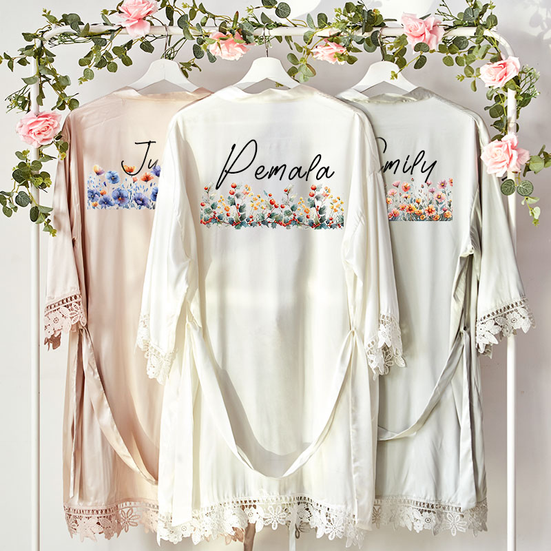 Personalized Birth Flower Satin Lace Trim Robe with Name and Date Bachelorette Party Bridesmaid Wedding Gift for Her