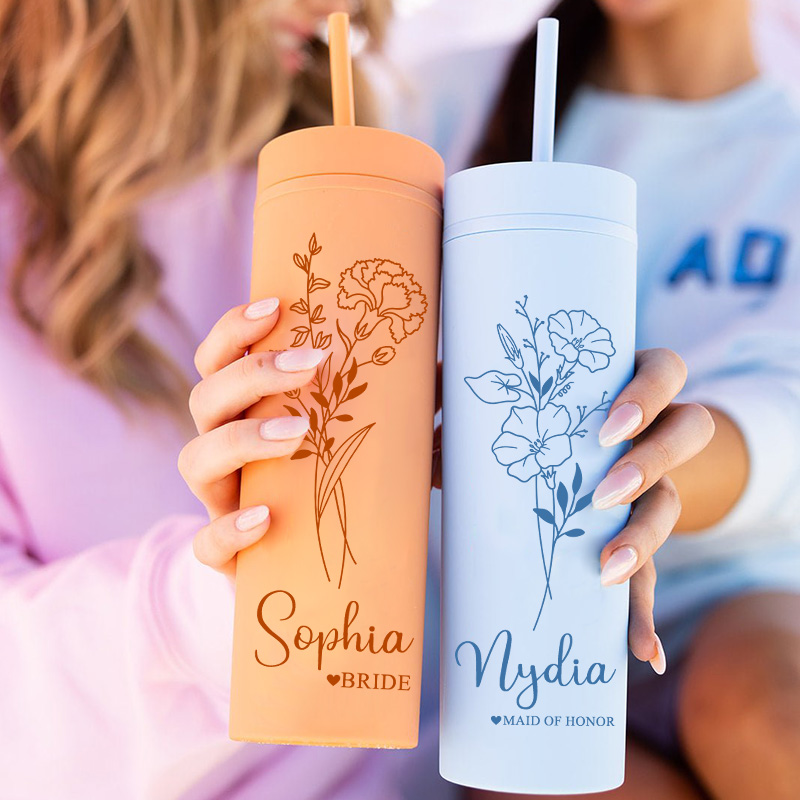 Personalized Bridesmaid Birth Flower 16oz Skinny Tumbler Custom Bride Month Flower Wedding Tumbler Maid of Honor Bachelorette Party Bridal Shower Gift