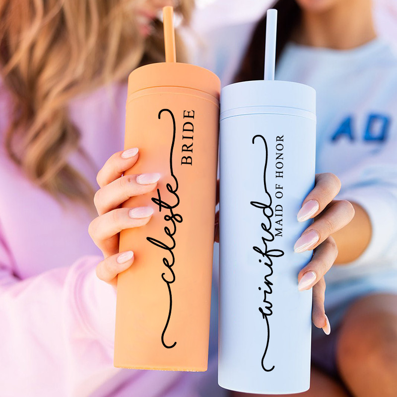 Personalized Minimalist Bridesmaid 16oz Skinny Tumbler Custom Bride Name Wedding Tumbler Maid of Honor Bachelorette Party Favor Bridal Shower Gift