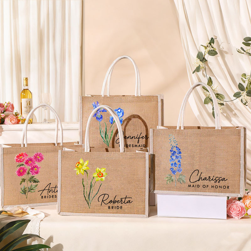 Personalized Bridesmaid Birth Flower Burlap Tote Bag with White Side Custom Bride Tote Bag Wedding Jute Beach Bag Bridal Shower Bachelorette Party Bag