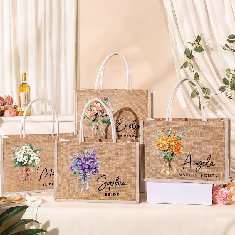 Personalized Bridesmaid Birth Flower Burlap Tote Bag Bride Elegant Month Flower Tote Bag Wedding Jute Beach Bag Bridal Shower Bachelorette Party Gift