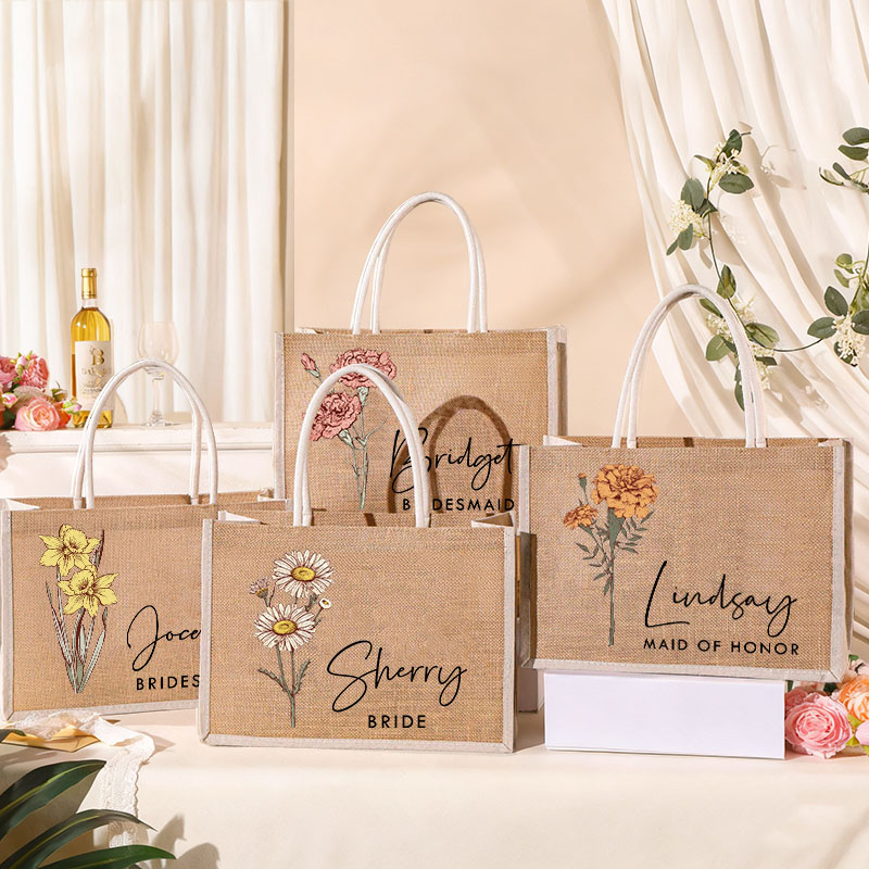 Personalized Bridesmaid Birth Flower Burlap Tote Bag Custom Bride Month Flower Tote Bag Wedding Jute Beach Bag Bachelorette Party Bridal Shower Gift