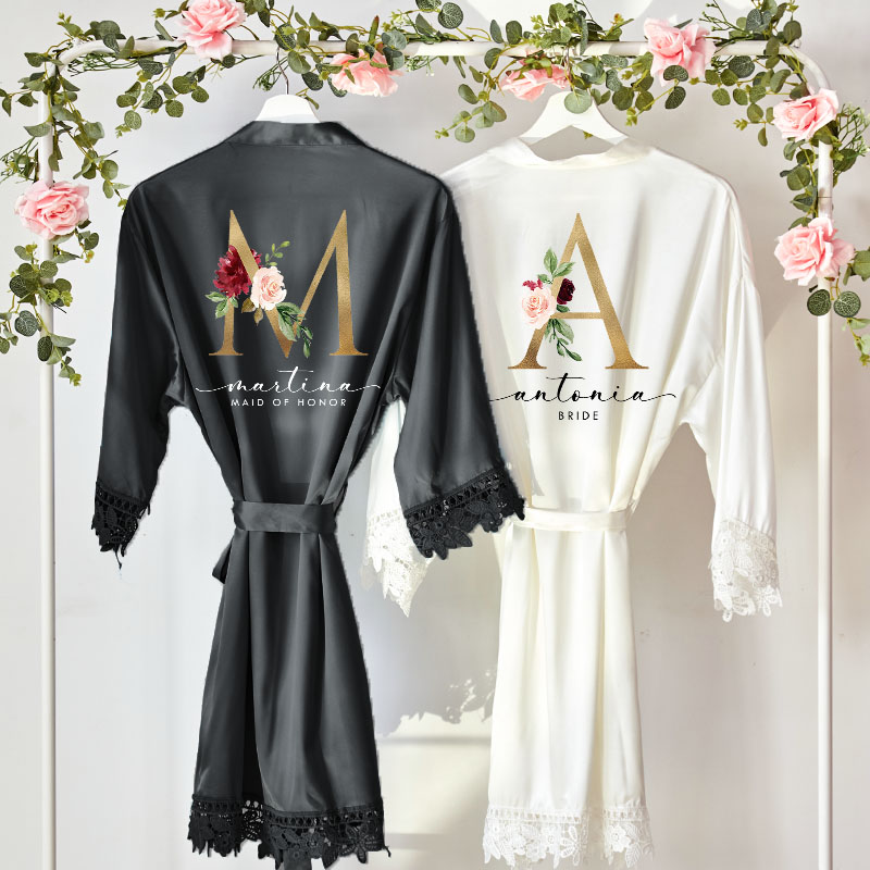 Personalized Bridesmaid Floral Gold Initials Robes Custom Bride Wedding Dressing Gown Maid of Honor Bachelorette Party Favors Bridal Shower Gift