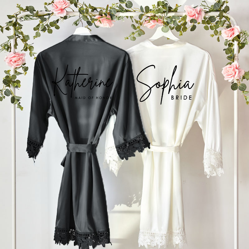 Personalized Bridesmaid Stylish Name and Title Robes Custom Bride Wedding Dressing Gown Maid of Honor Bachelorette Party Favors Bridal Shower Gift