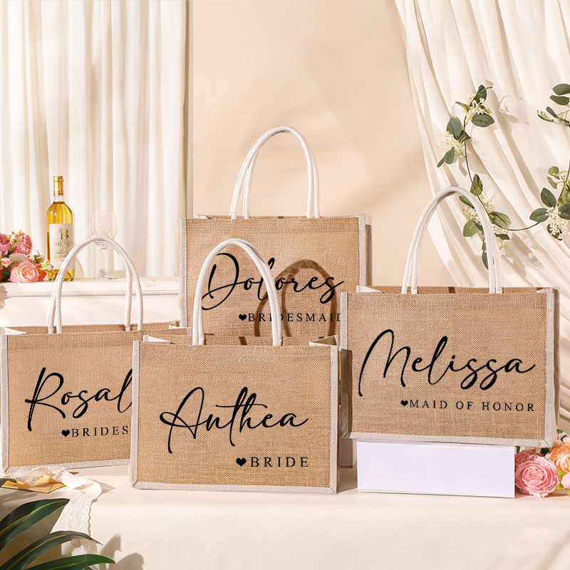 Personalized Bridesmaid Burlap Tote Bag with White Side Bride Title with heart Tote Bag Wedding Jute Beach Bag Bridal Shower Bachelorette Party Gift