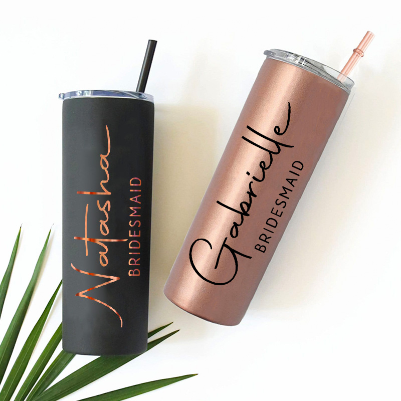 Personalized Bridesmaid 20oz Skinny Tumbler with Lid and Straw Wedding Bride Name with Heart Tumbler Maid of Honor Bachelorette Party Gift for Her
