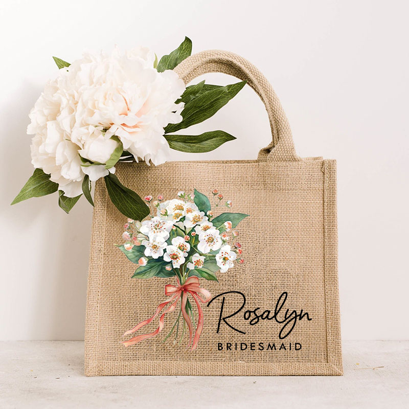 Personalized Bridesmaid Elegant Birth Flower Burlap Tote Bag Bride Month Flower Wedding Beach Jute Tote Bag Bachelorette Party Bridal Shower Gift
