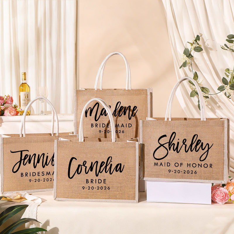 Personalized Bridesmaid Boho Burlap Tote Bag Custom Bride Tote Bag with White Side Wedding Date Jute Beach Bag Bridal Shower Bachelorette Party Gift