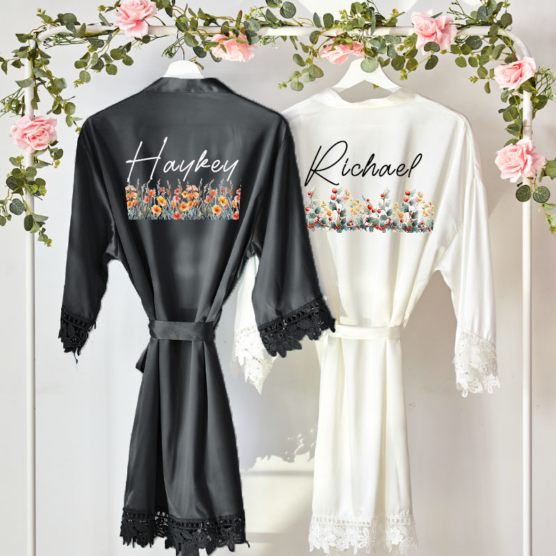 Personalized Birth Flower Satin Lace Trim Robe with Name and Date Bachelorette Party Bridesmaid Wedding Gift for Her