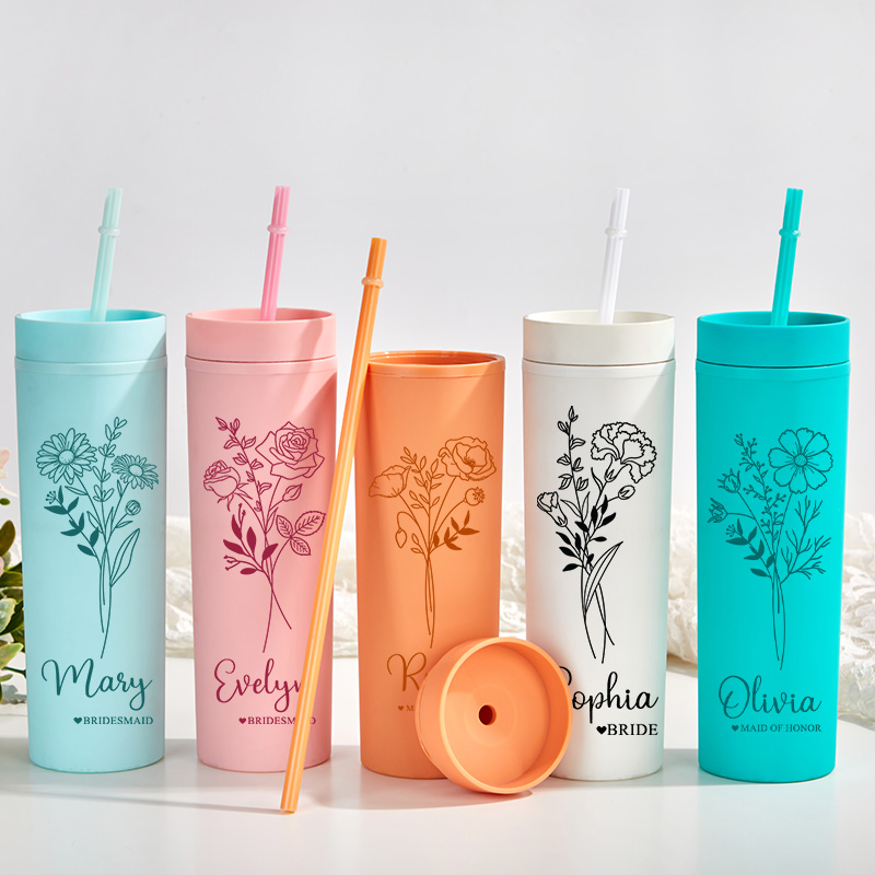 Personalized Bridesmaid Birth Flower 16oz Skinny Tumbler Custom Bride Month Flower Wedding Tumbler Maid of Honor Bachelorette Party Bridal Shower Gift